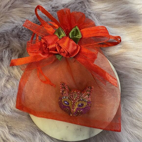 Designer Cat Mask Brooch – Multi-Color Crystal Rhinestone Enamel Mardi Gras Pin - Picture 6 of 7